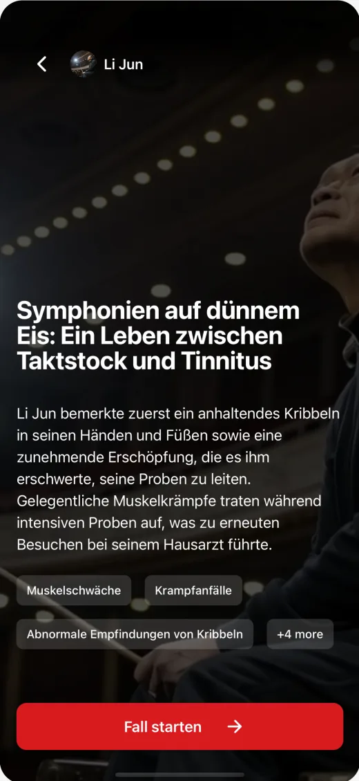 DocCase-App: Fallbeschreibung mit Symptomen und Knopf Fall starten