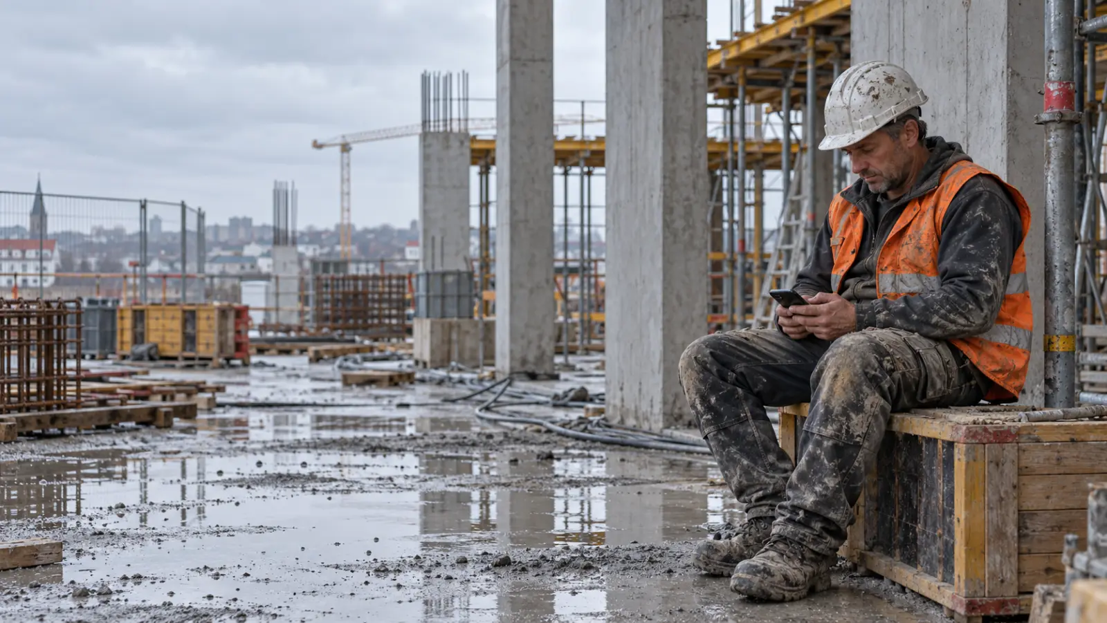 Bauarbeiter mit Helm und Warnweste sitzt auf einer Rohbau-Baustelle und schaut auf sein Smartphone