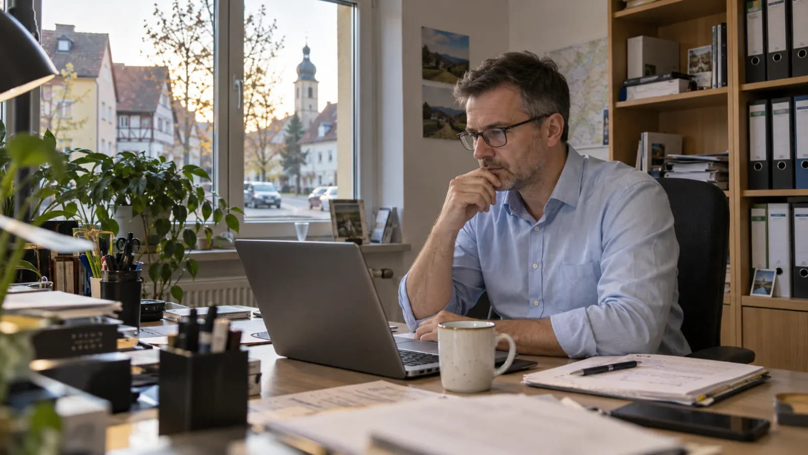 Versicherungsberater mit Brille sitzt in einem kleinen Beratungsbüro am Schreibtisch und schaut auf seinen Laptop