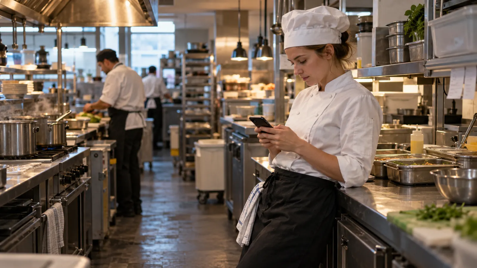 Köchin in weißer Kochjacke lehnt in einer Hotelküche an der Arbeitsfläche und schaut auf ihr Smartphone