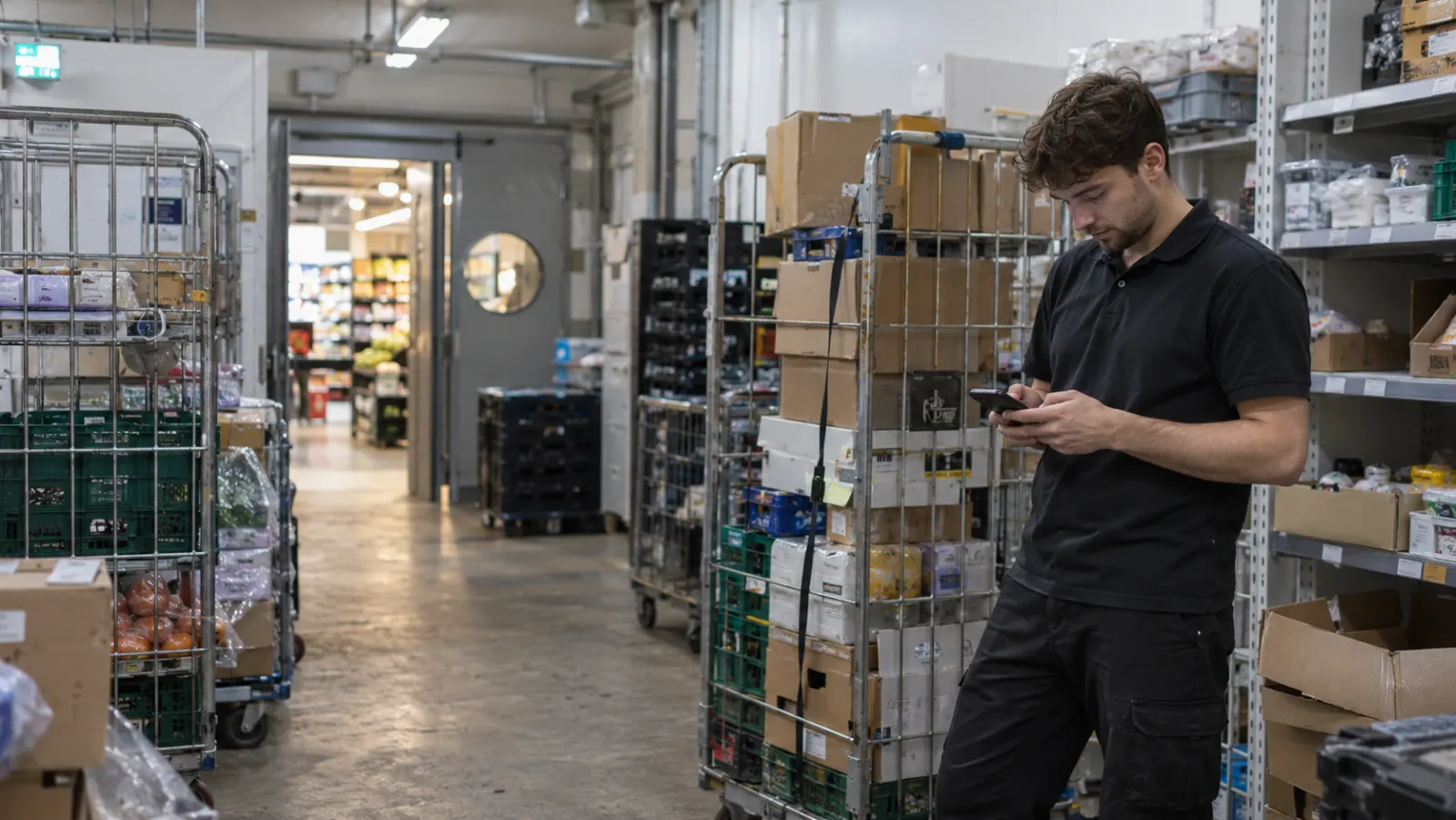 Verkäufer im Lager hinter dem Verkaufsraum eines Supermarkts schaut zwischen Rollcontainern auf sein Smartphone