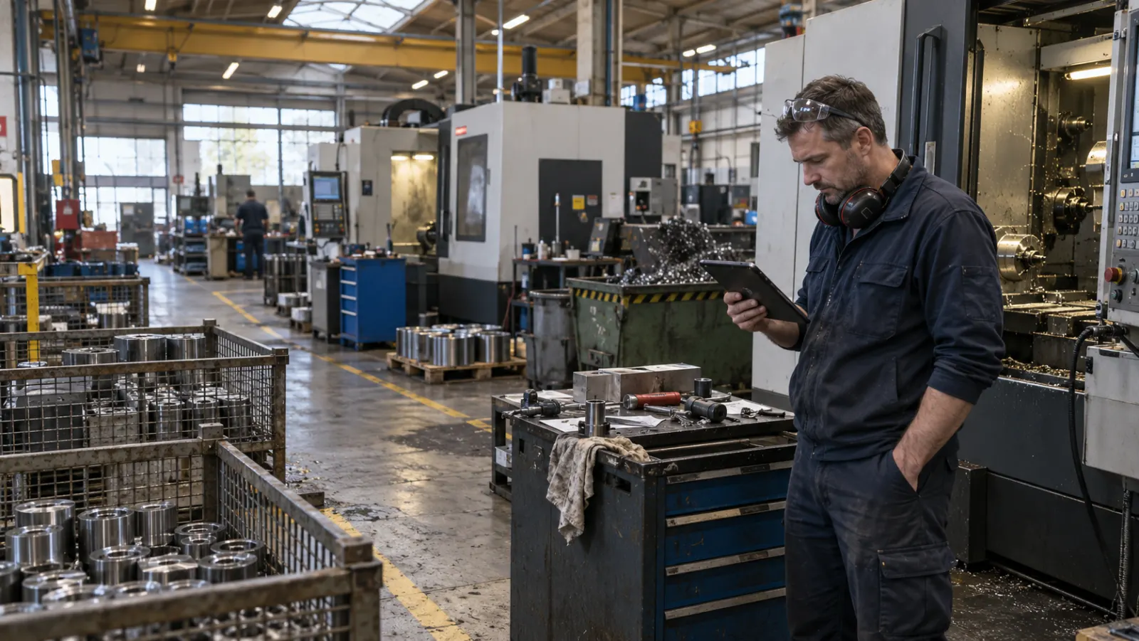 Maschinenbediener mit Gehörschutz steht neben einer CNC-Maschine und schaut auf ein Tablet