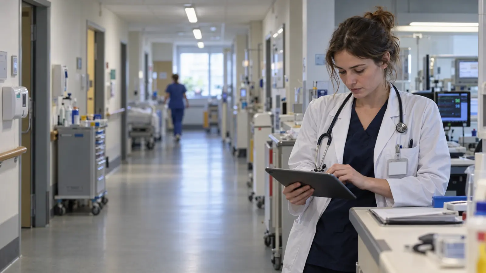 Ärztin im Kittel liest im Stationsflur einer Klinik auf einem Tablet