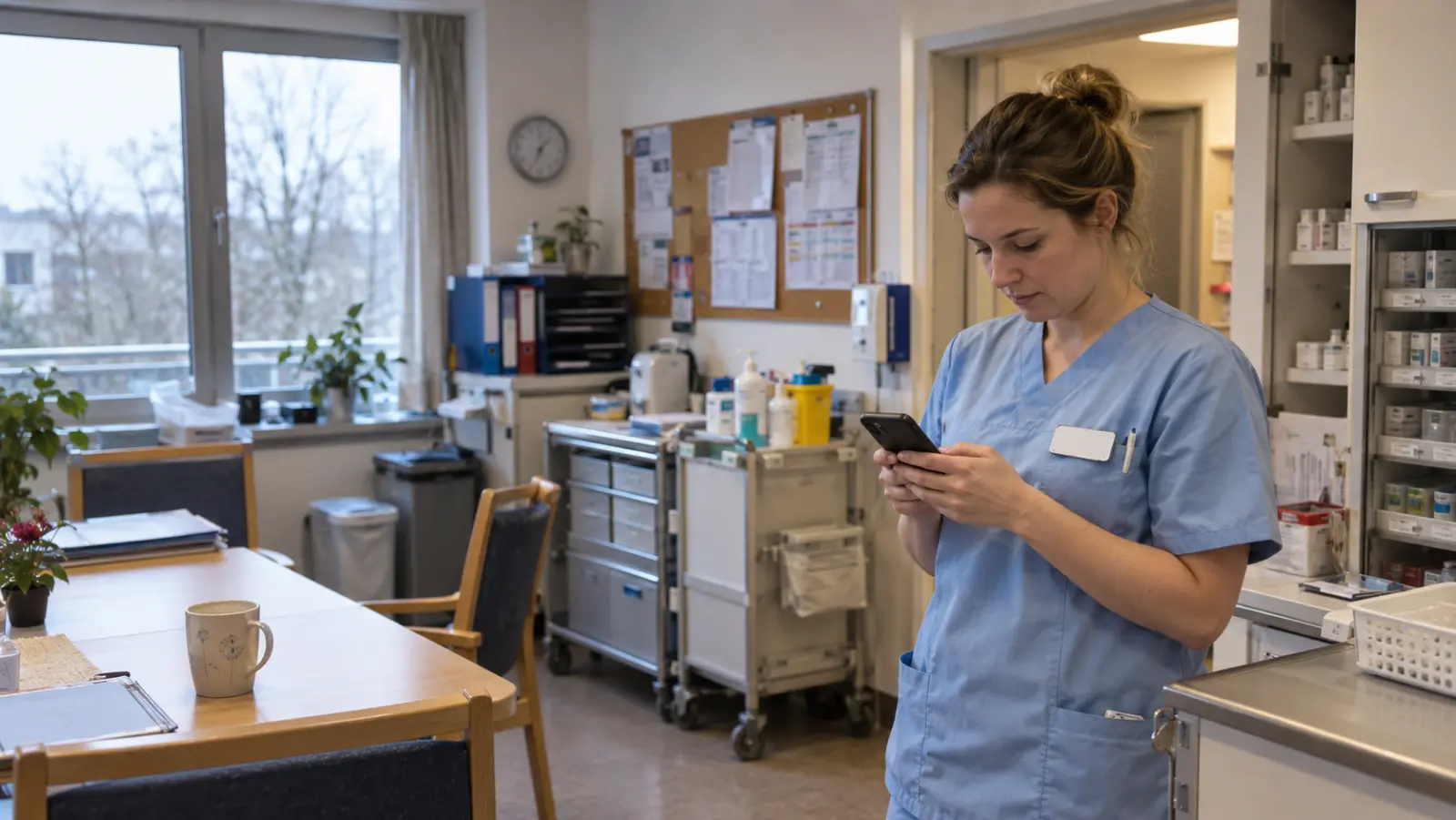 Pflegefachkraft im Dienstzimmer eines Pflegeheims schaut auf ihr Smartphone