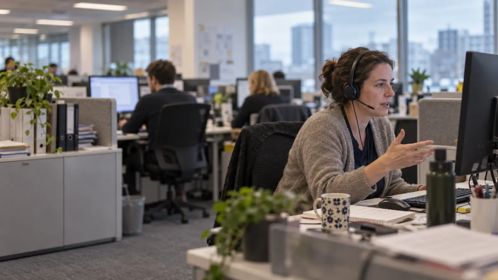 Vertriebsberaterin mit Headset telefoniert an ihrem Arbeitsplatz im Großraumbüro